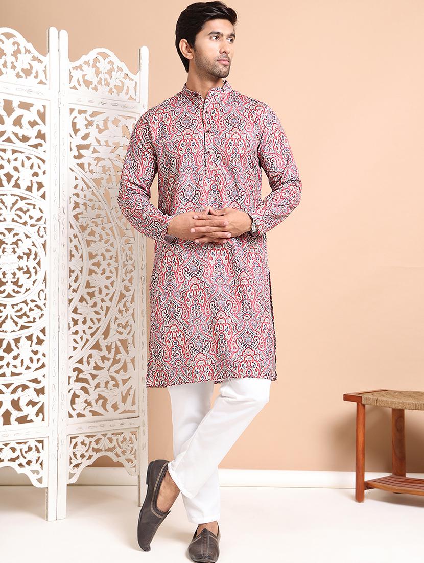 men mandarin neck printed kurta pyjama set - 21556440 - Standard Image - 3