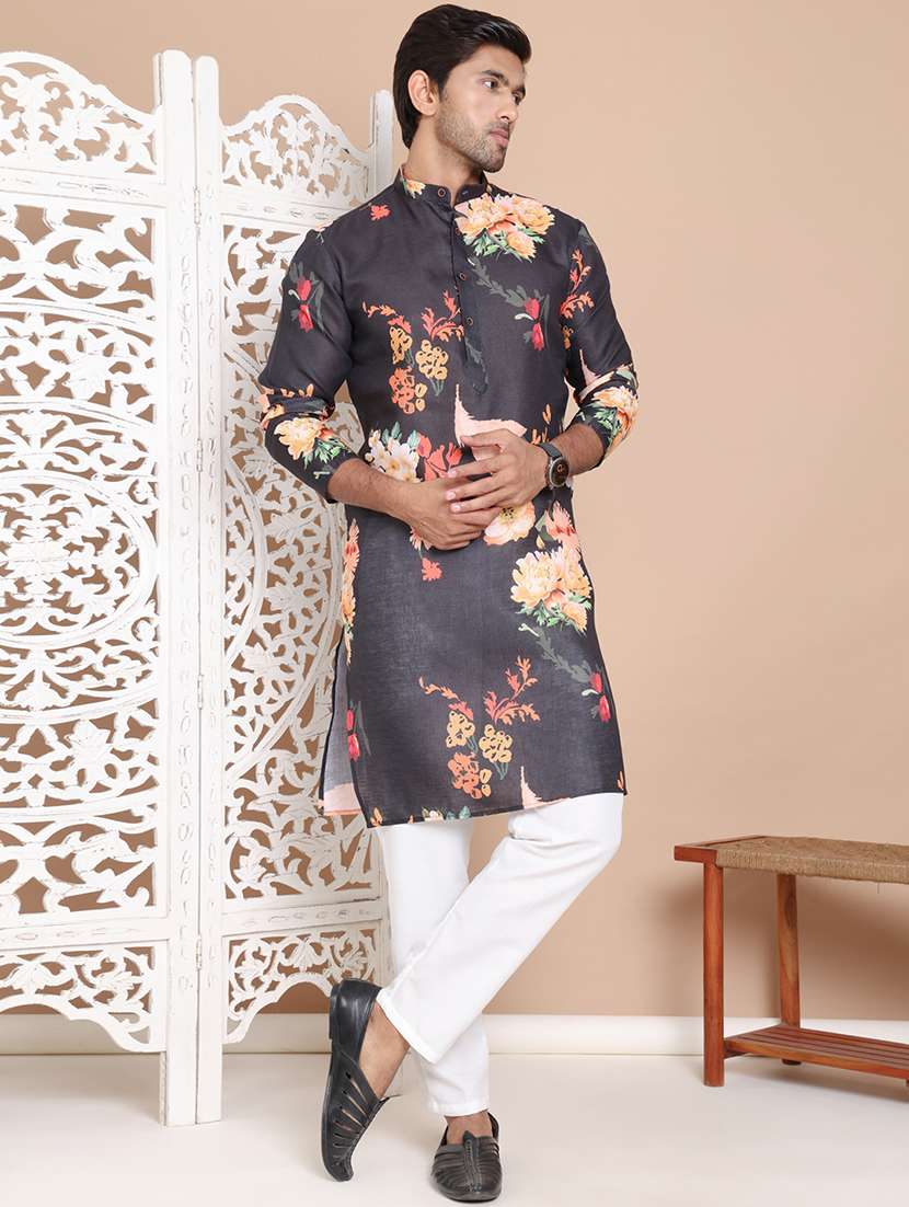 men mandarin neck floral printed kurta pyjama set - 21556441 - Zoom Image - 0