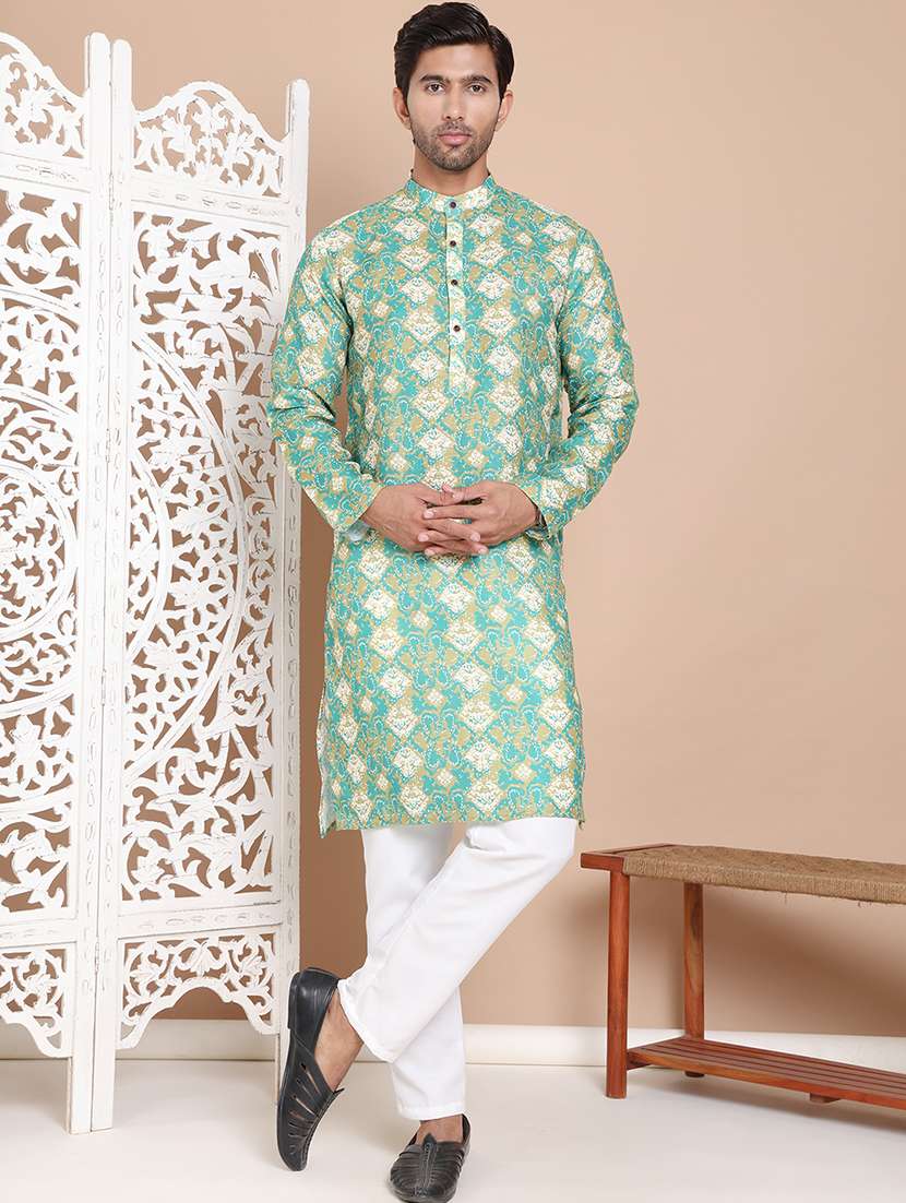 men mandarin neck printed kurta pyjama set - 21556442 - Zoom Image - 0