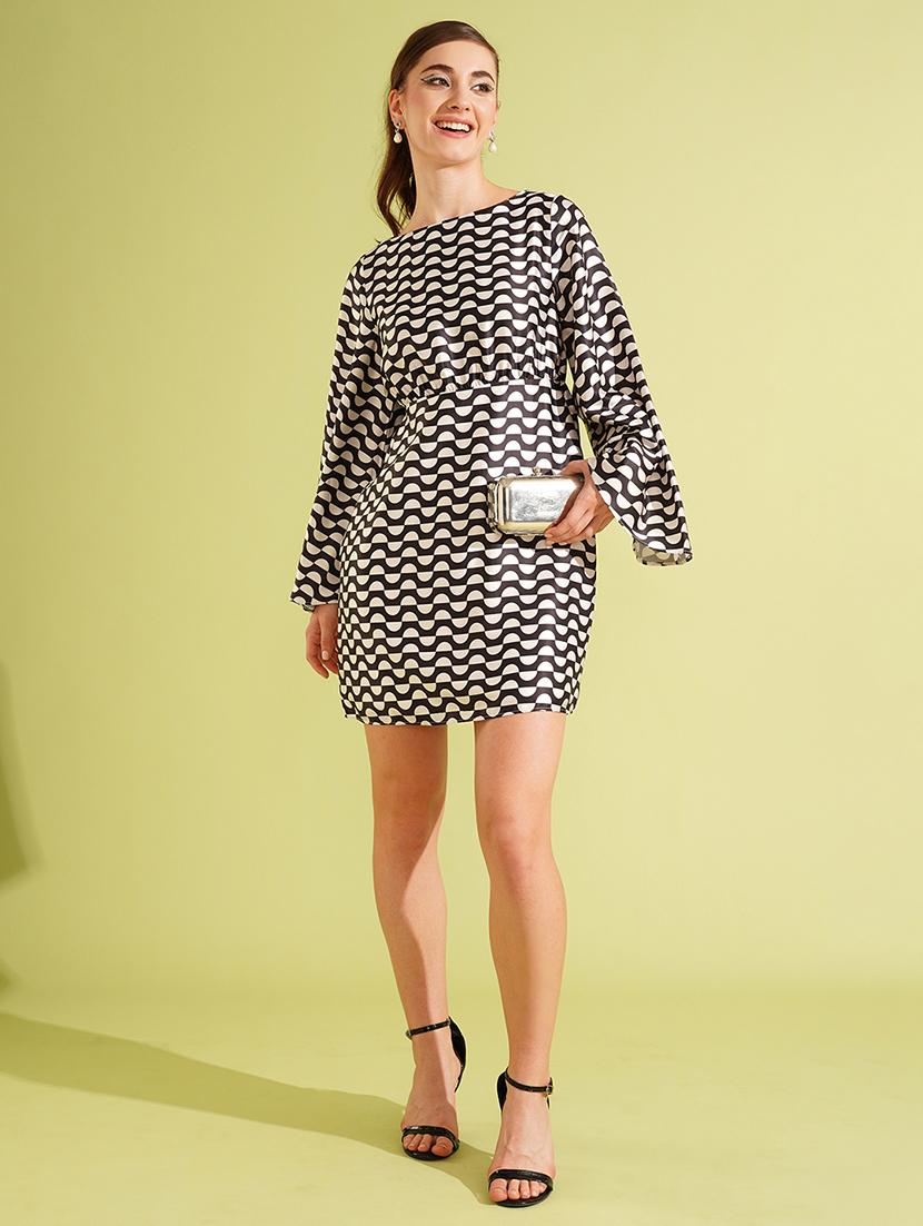 globus women black & white boat neck flared long sleeves satin a-line mini party dress - 21556962 - Standard Image - 3
