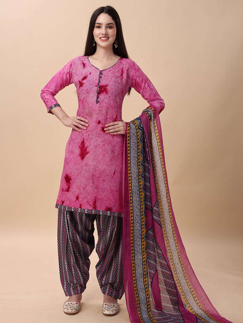 women pink printed unstitched suit