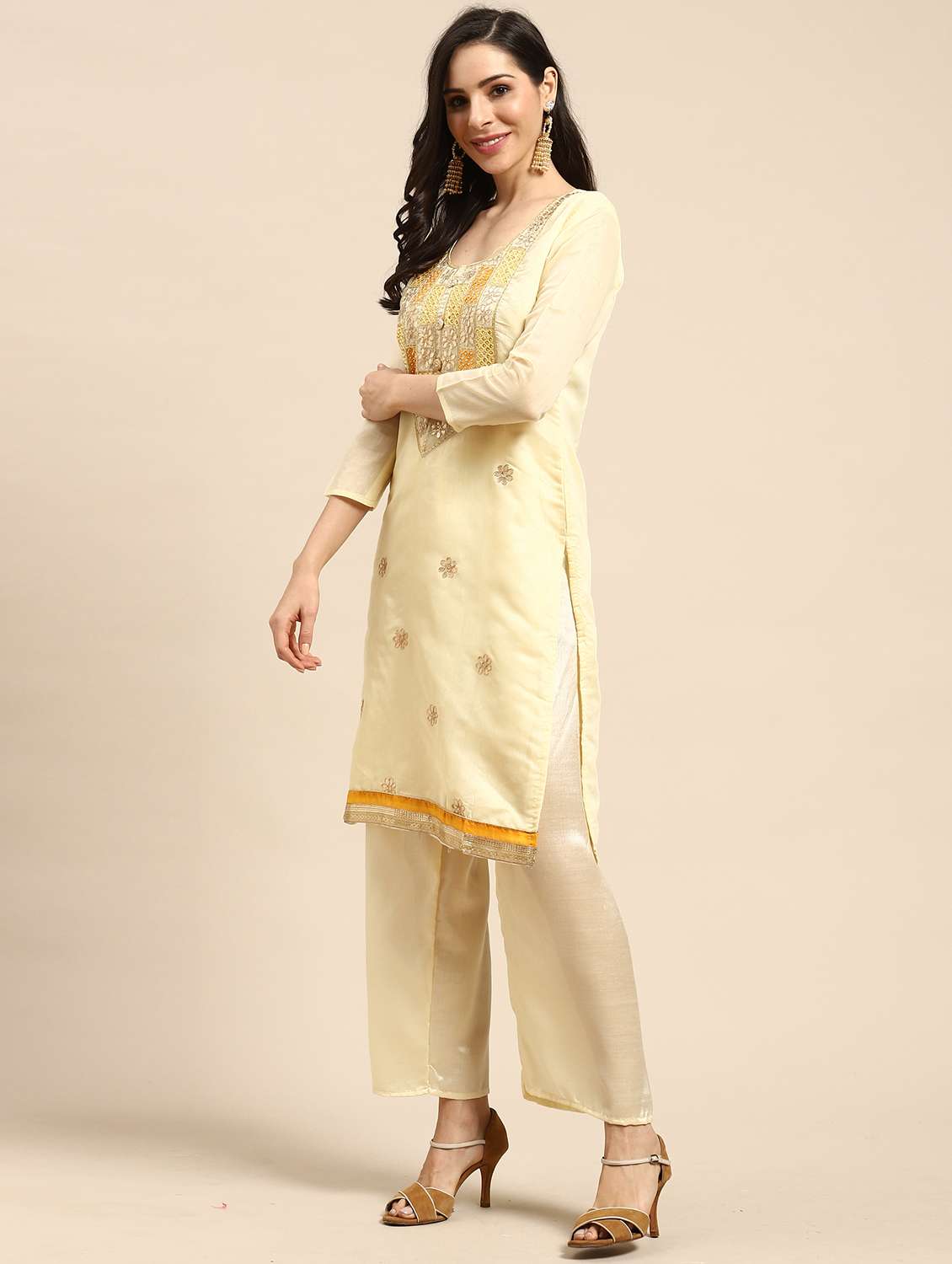 women solid with work unstitched suit