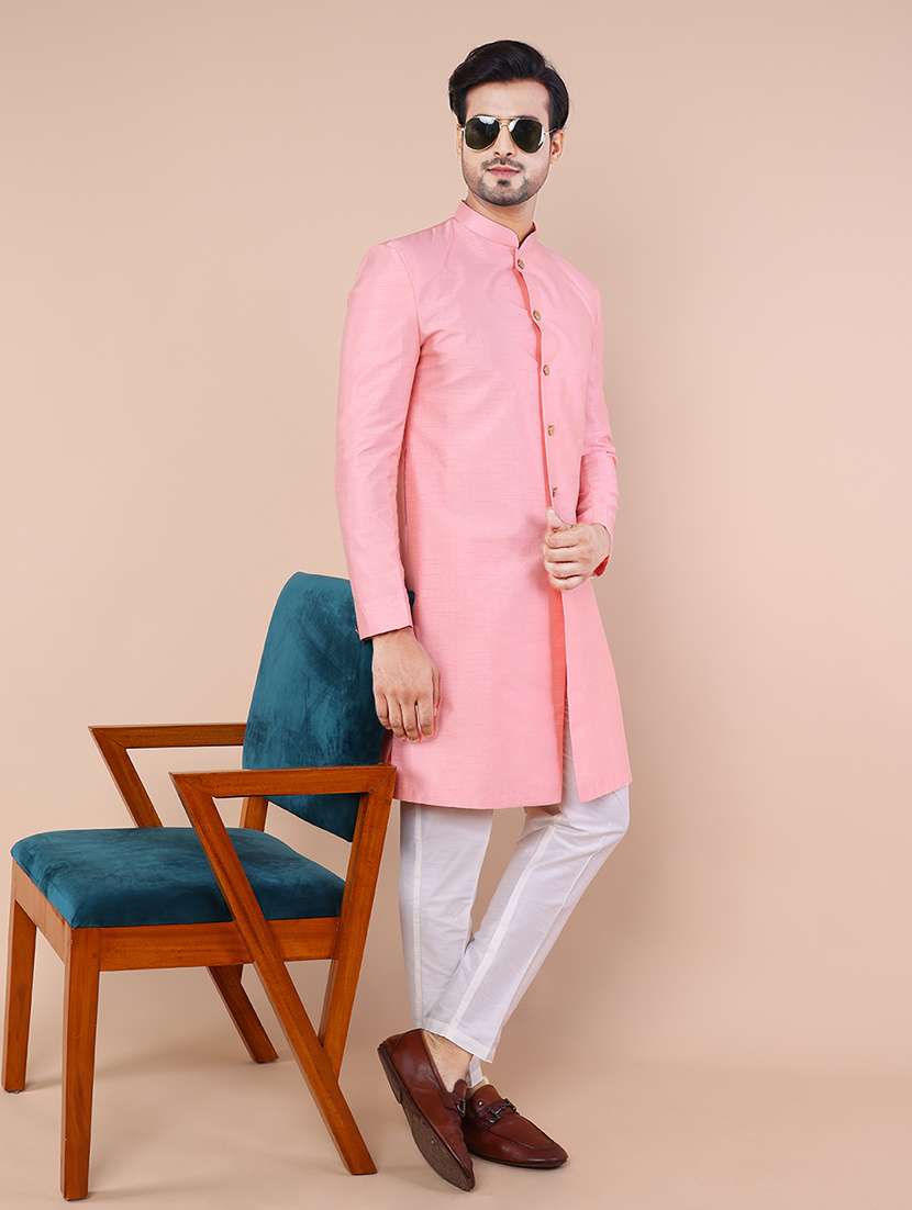 men mandarin neck solid sherwani set - 21558012 - Zoom Image - 0
