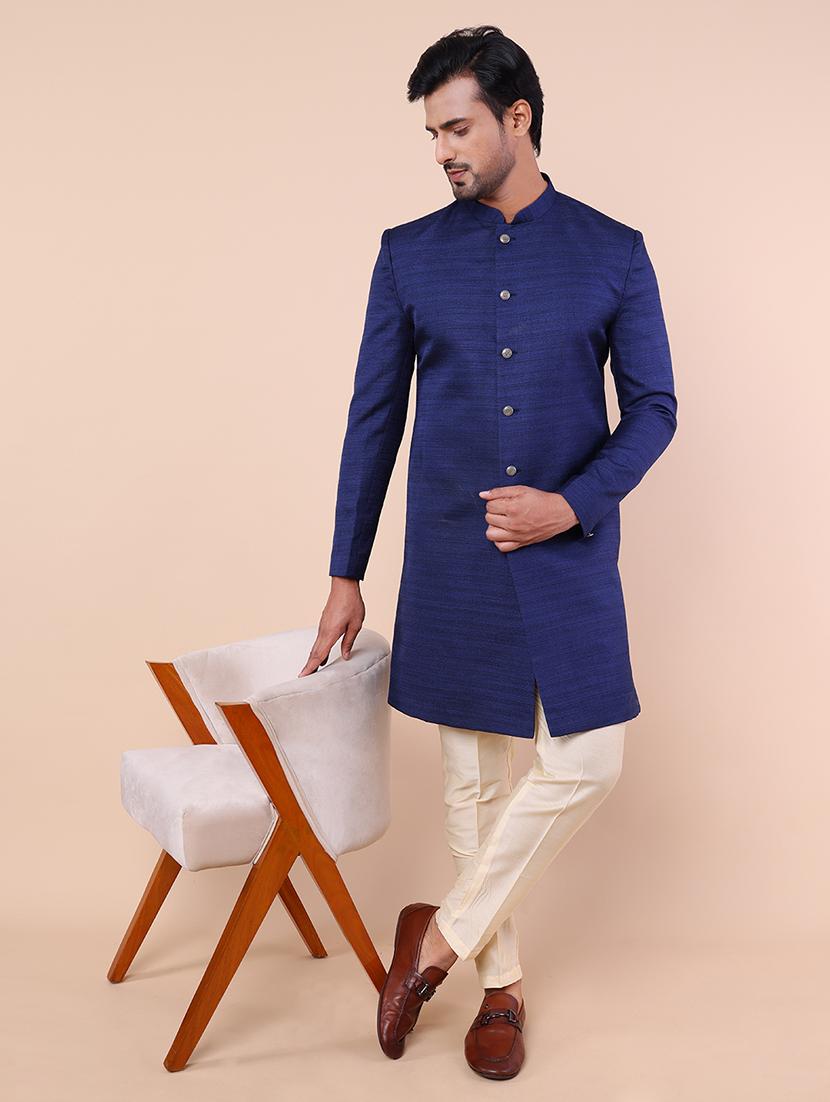 men mandarin neck solid sherwani set - 21558026 - Zoom Image - 0