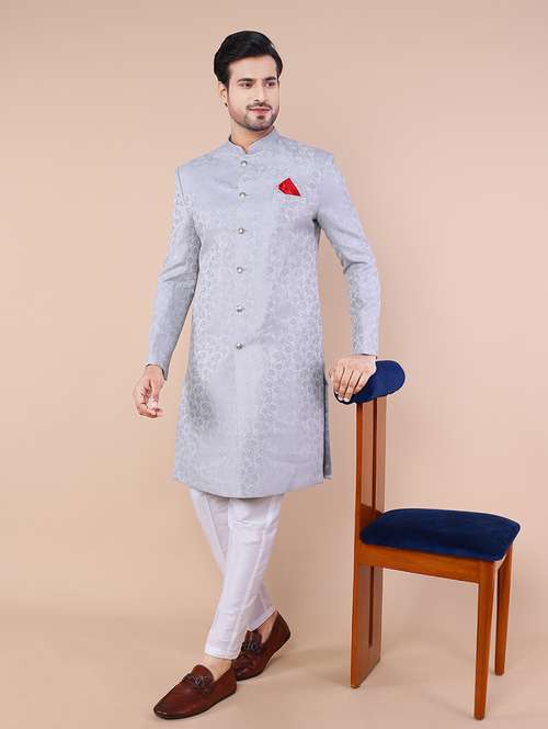 men mandarin neck self design sherwani set - 21558037 -  Standard Image - 0