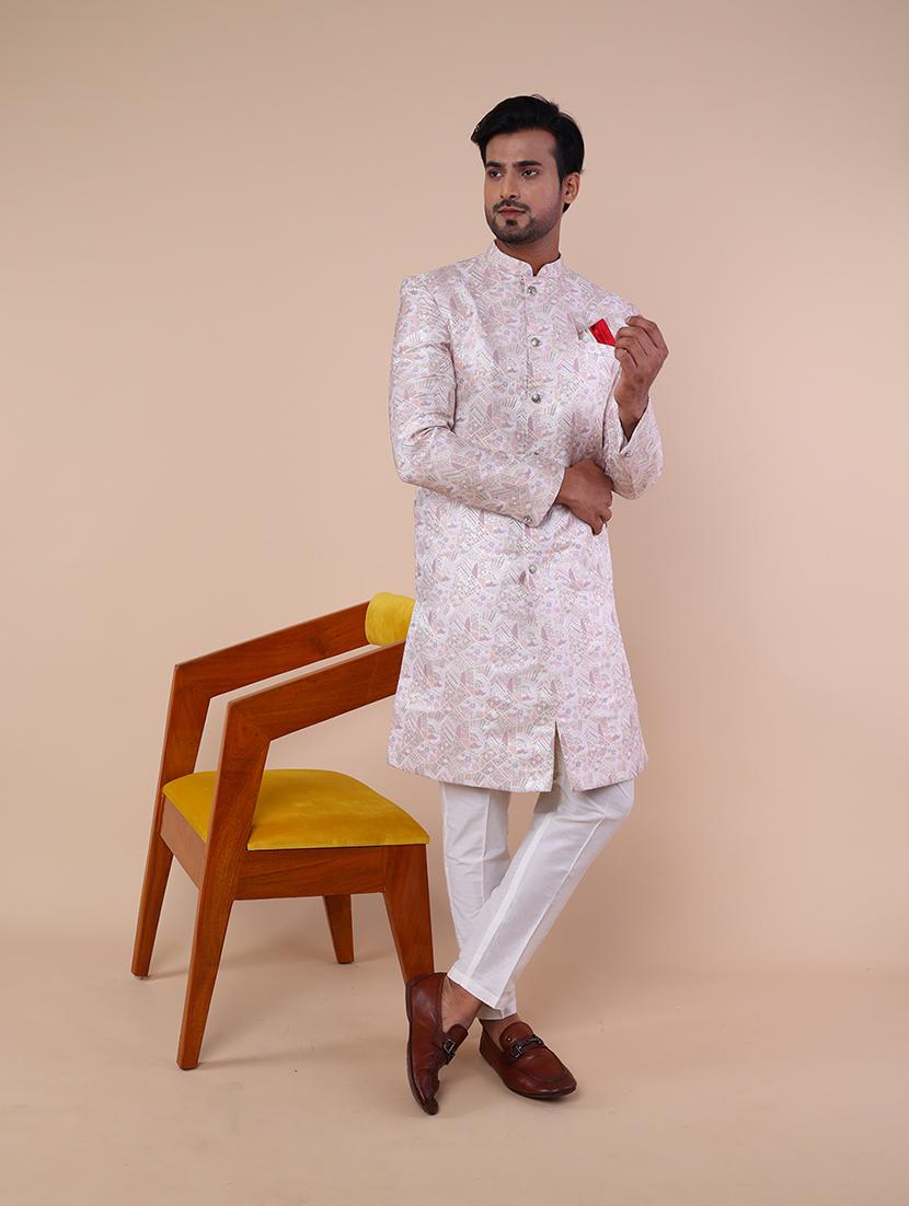 men mandarin neck self design sherwani set - 21558039 - Zoom Image - 0
