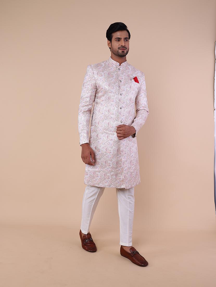 men mandarin neck self design sherwani set - 21558039 - Standard Image - 3