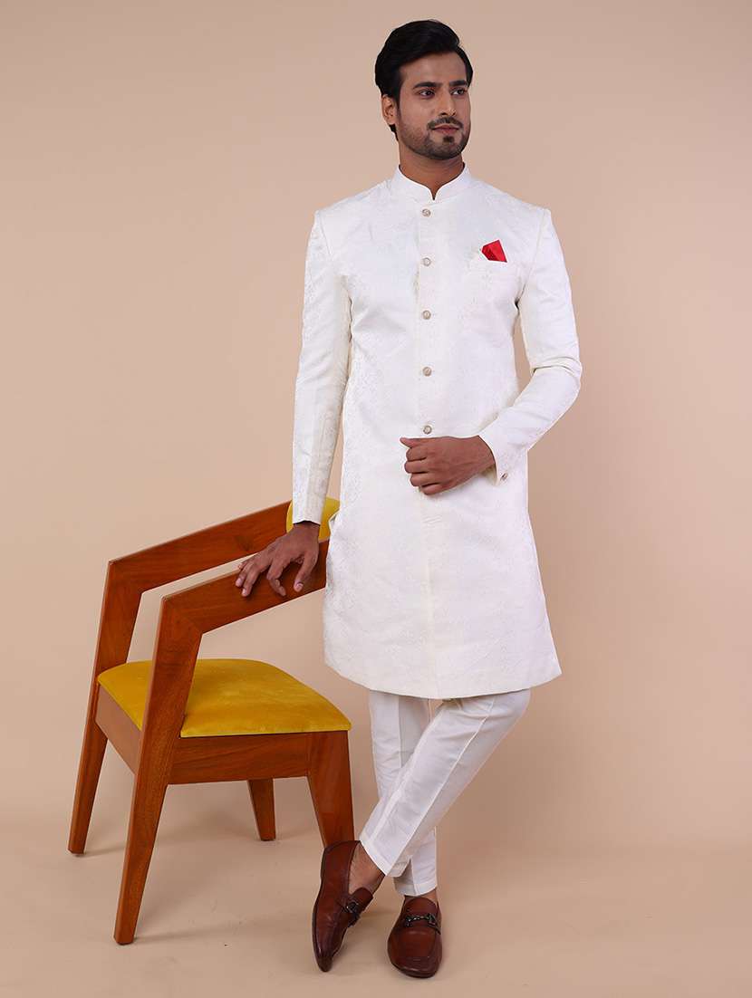 men mandarin neck self design sherwani set