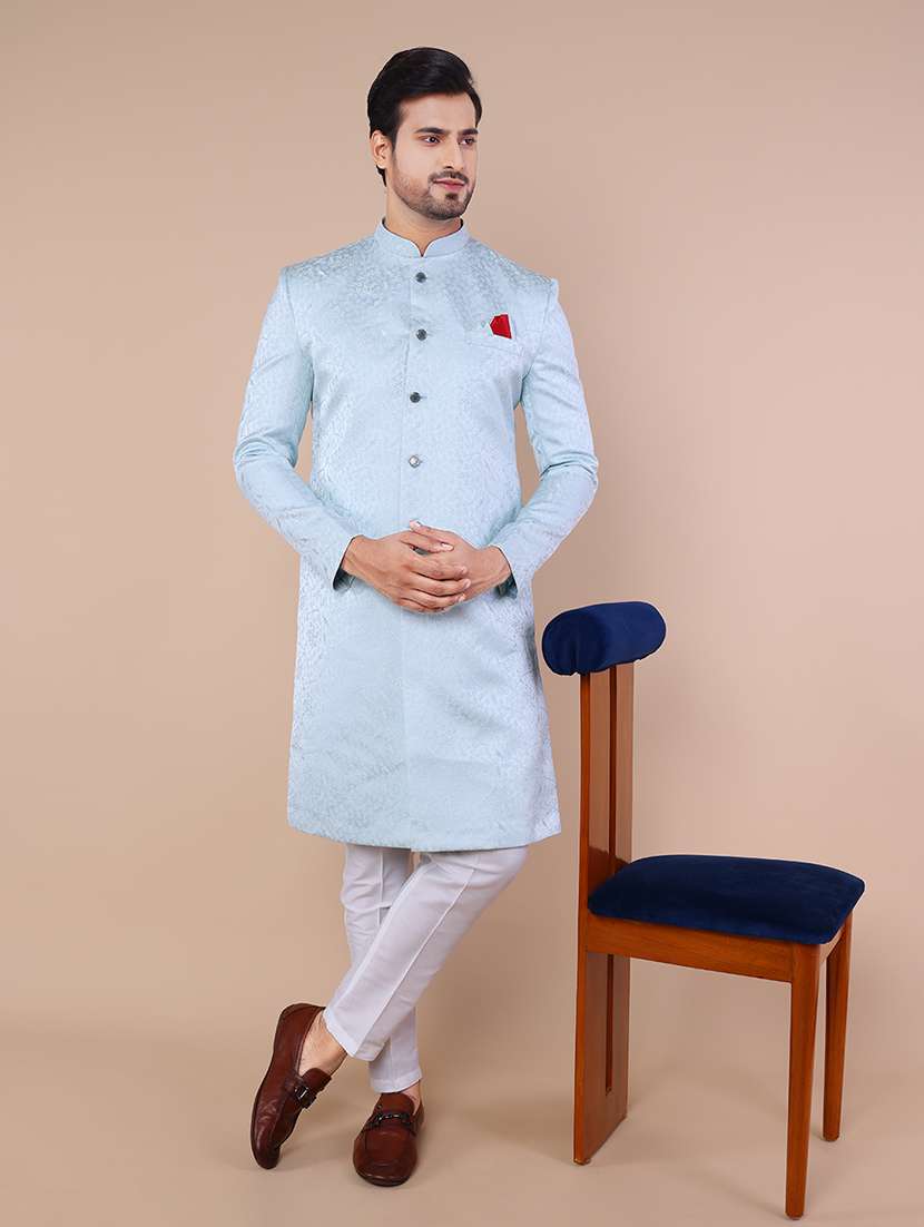 men mandarin neck self design sherwani set