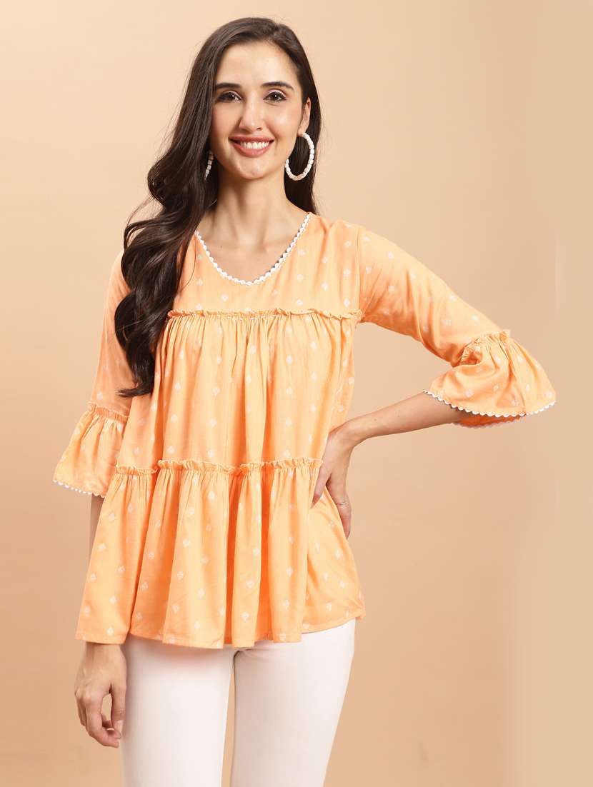 women orange printed tiered top