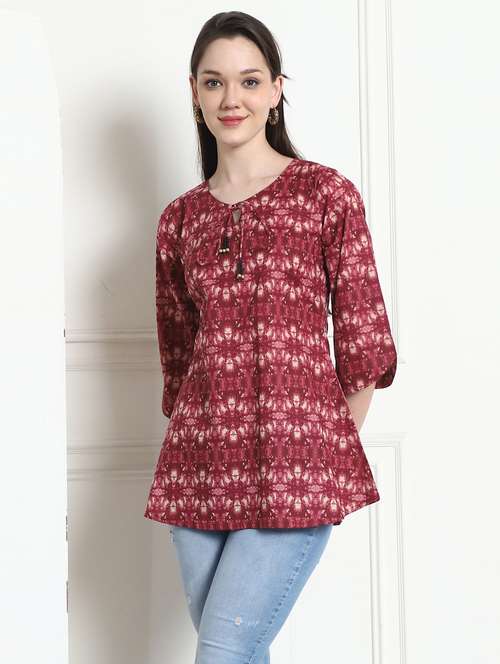 women printed tie-up neck a-line kurti - 21558116 -  Standard Image - 0