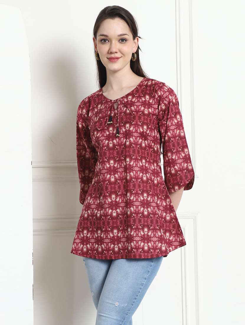 women printed tie-up neck a-line kurti - 21558116 -  Zoom Image - 0