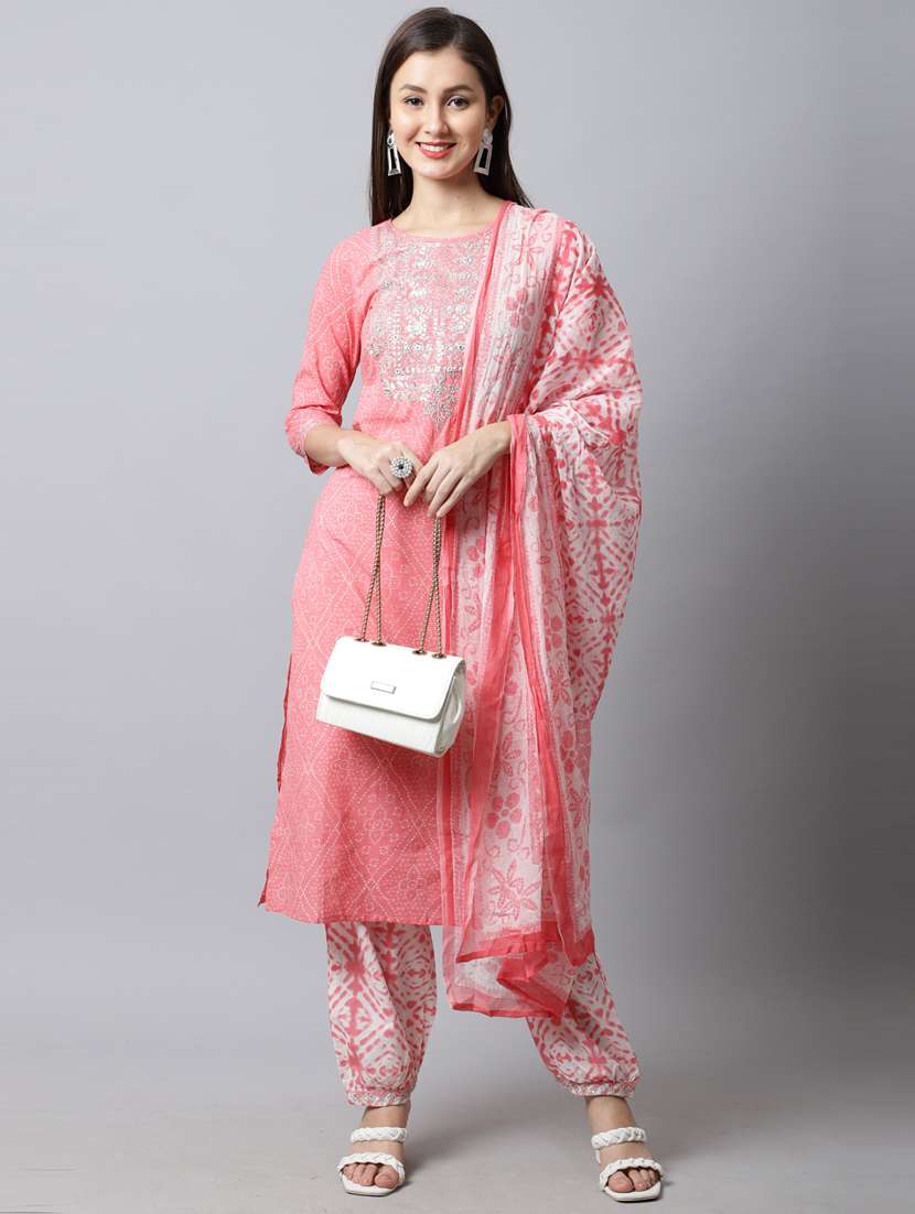 women bandhani printed kurta salwar set with dupatta