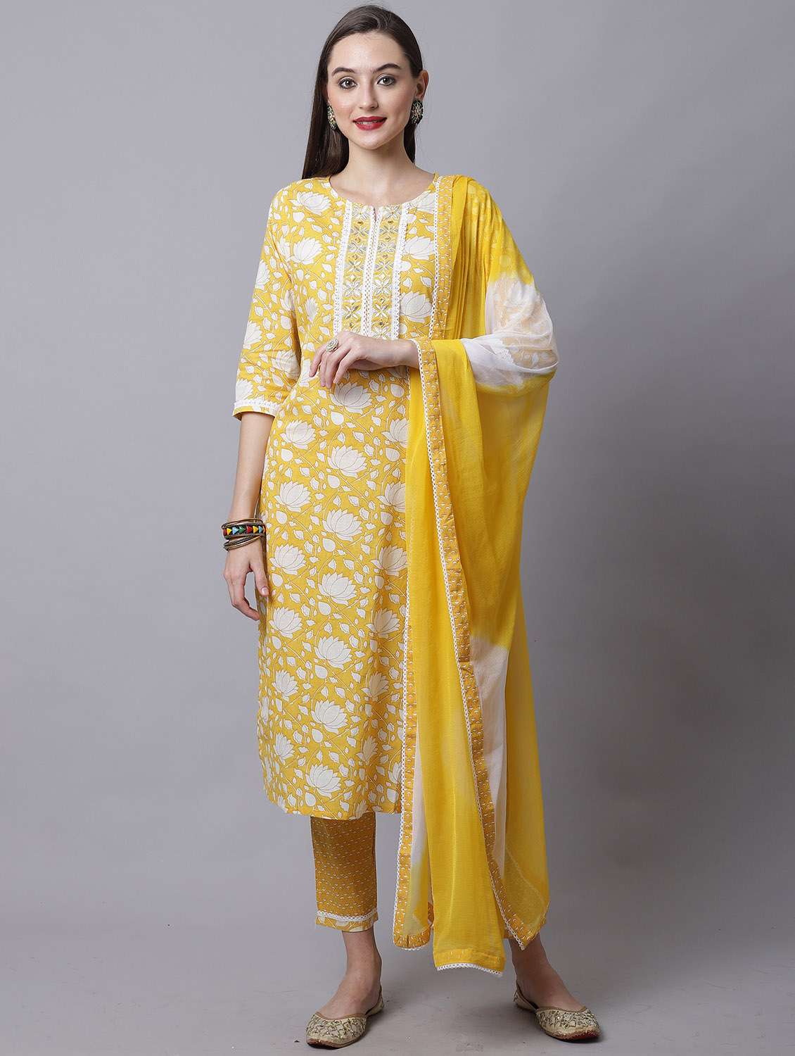 women floral printed kurta pant set with dupatta
