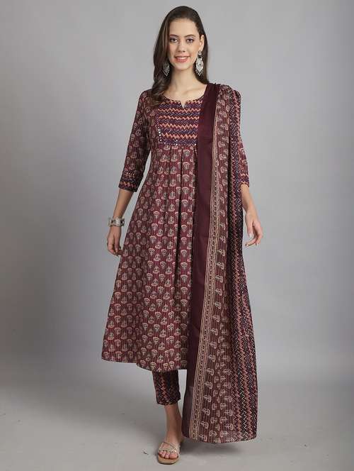 women three quarter sleeve anarkali kurta pant with dupatta set