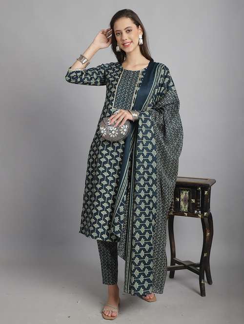 women navy blue printed kurta pant set with dupatta - 21558499 -  Standard Image - 0