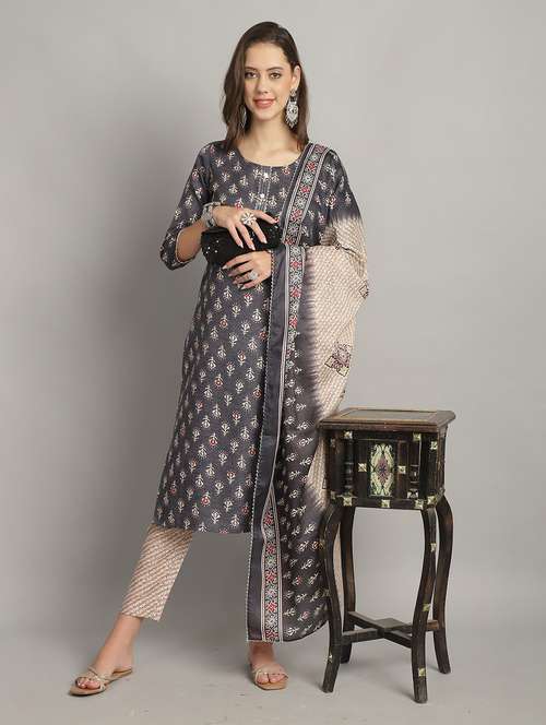 women grey printed kurta pant set with dupatta - 21558500 -  Standard Image - 0