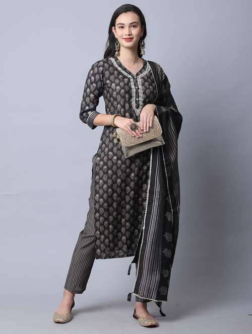 women black floral kurta pant set with dupatta - 21558547 -  Standard Image - 0