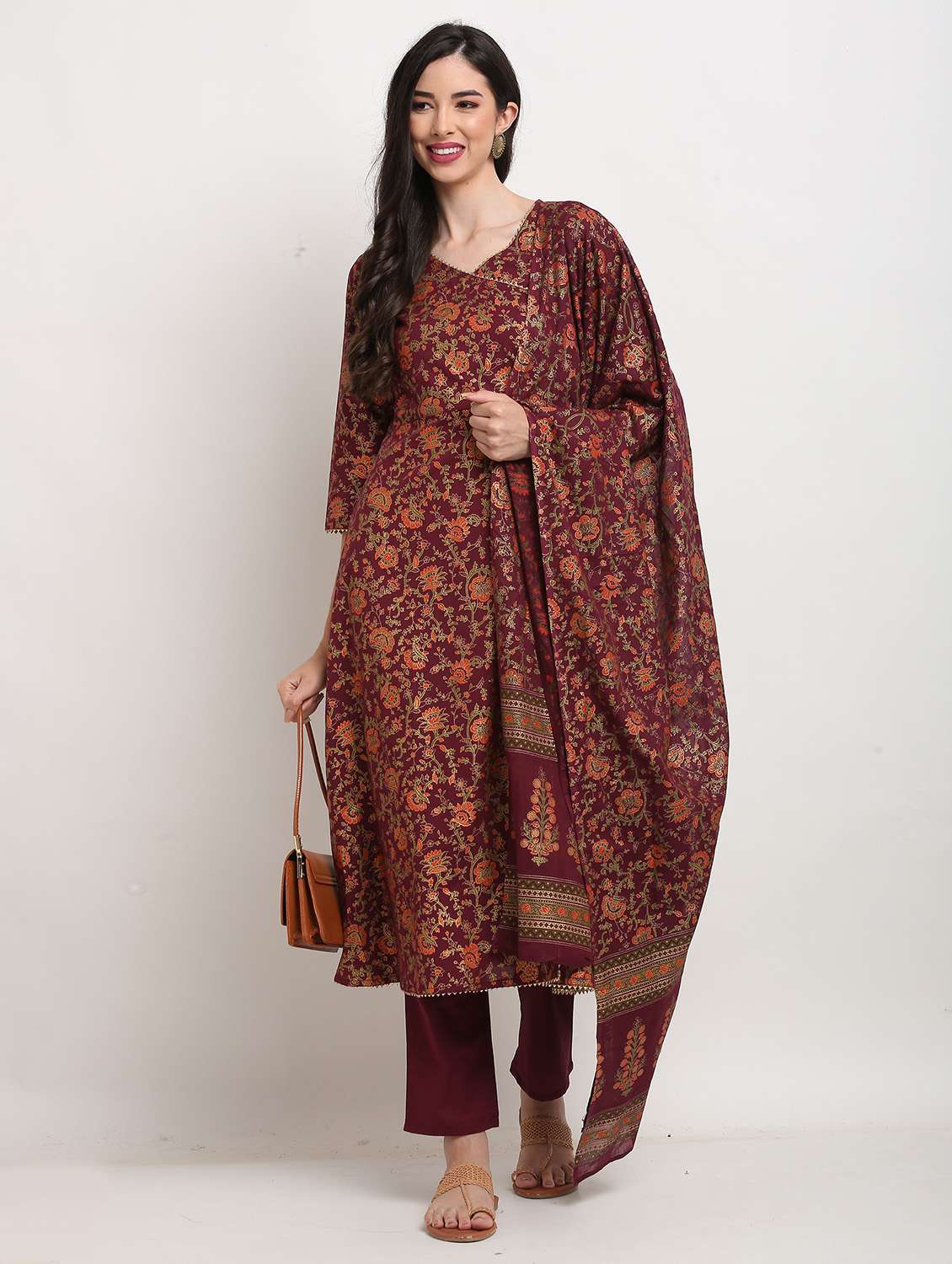 women foil print kurta pant set with dupatta