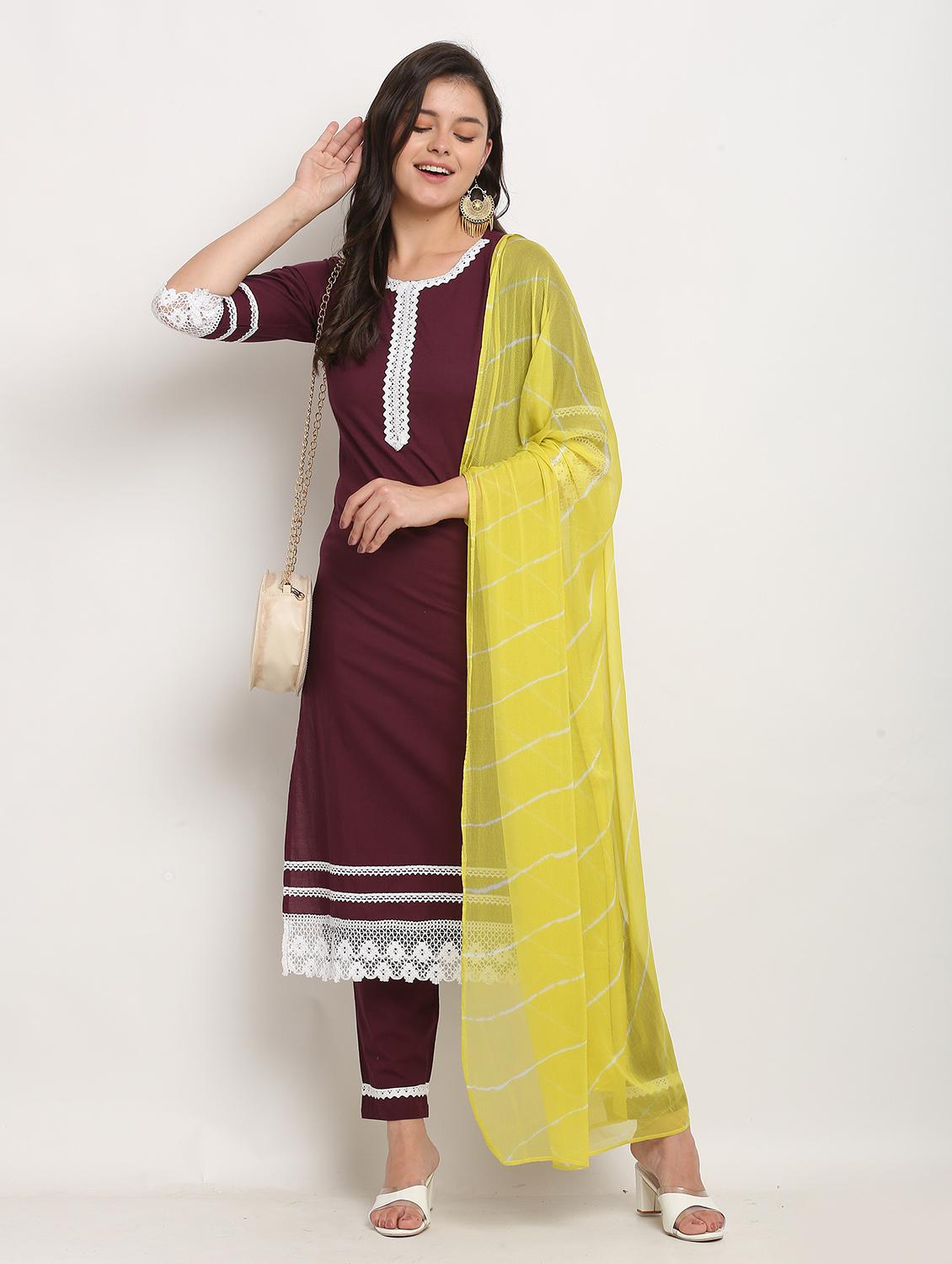women three quarter sleeve kurta pant with dupatta set