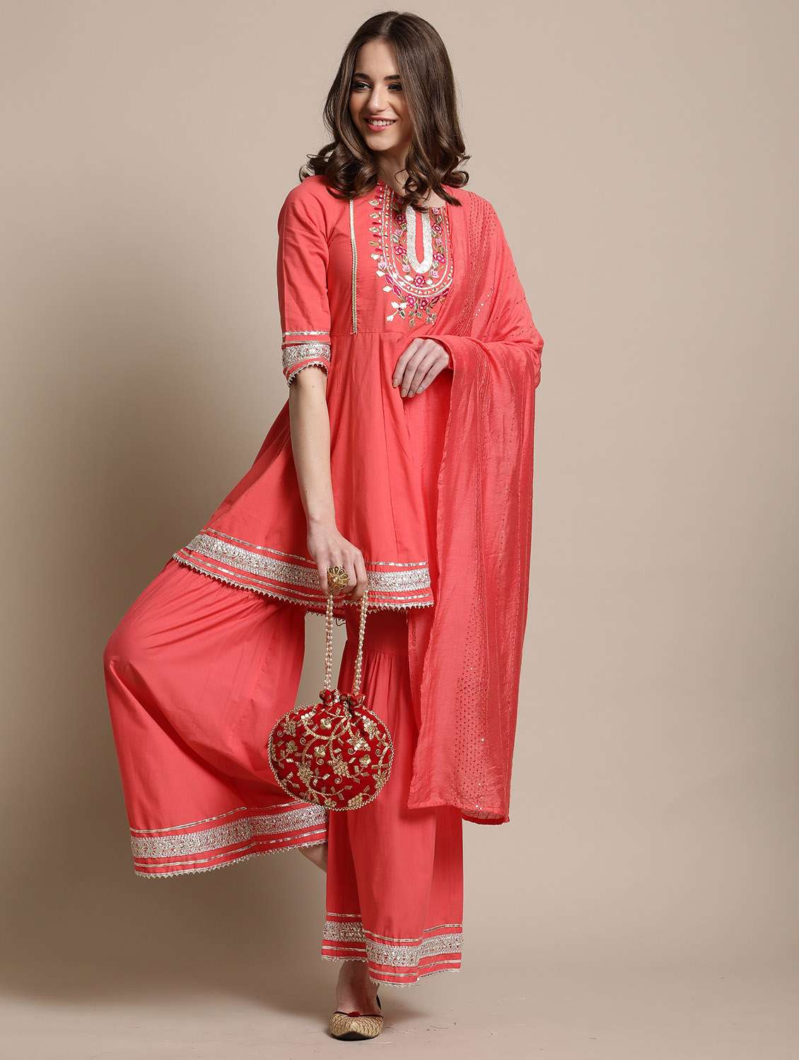 women embroidered kurta sharara set with dupatta