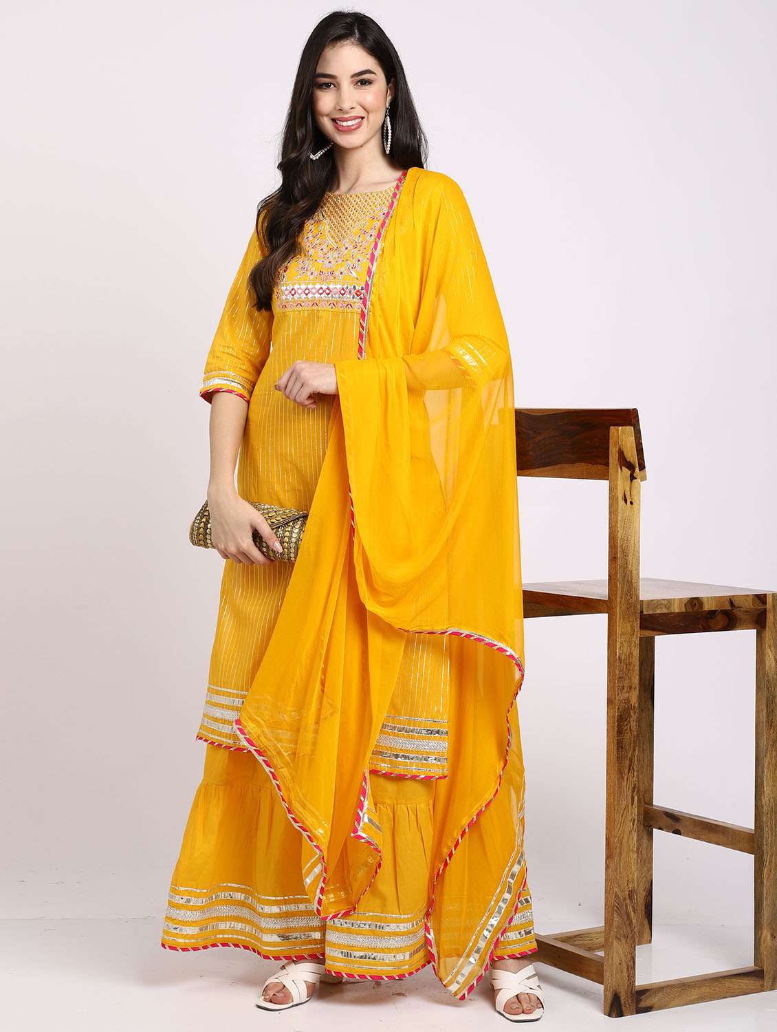 women embroidered kurta sharara set with dupatta