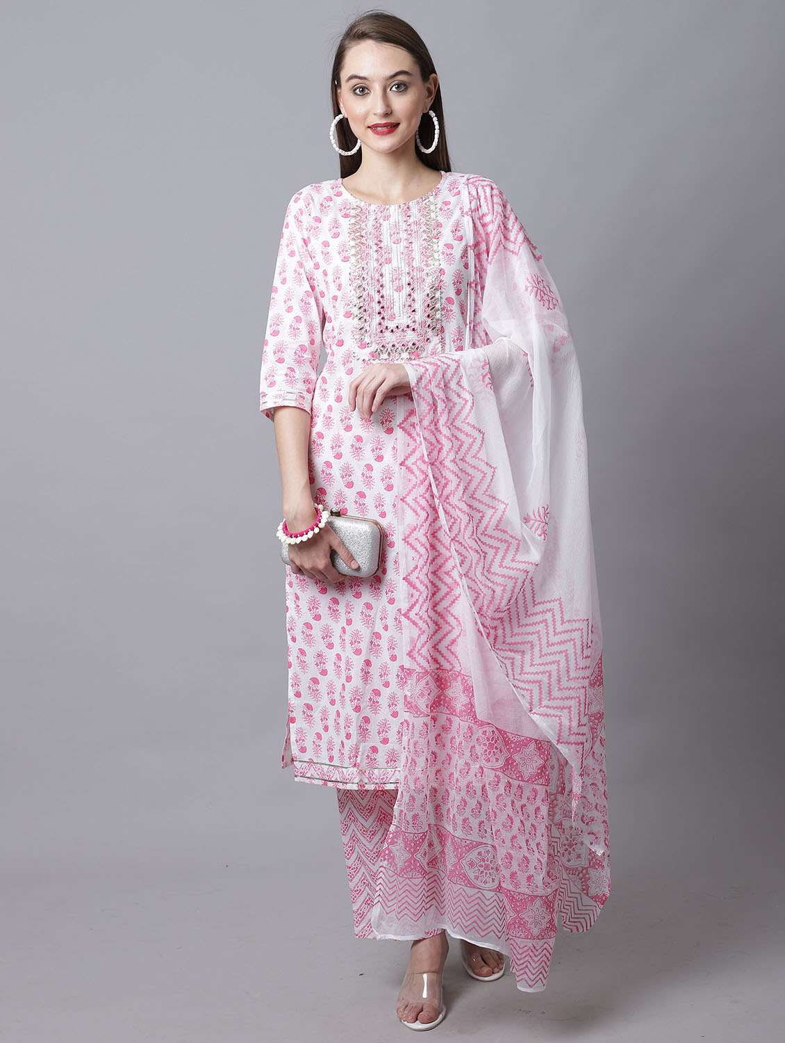 women three quarter sleeve kurta pant with dupatta set