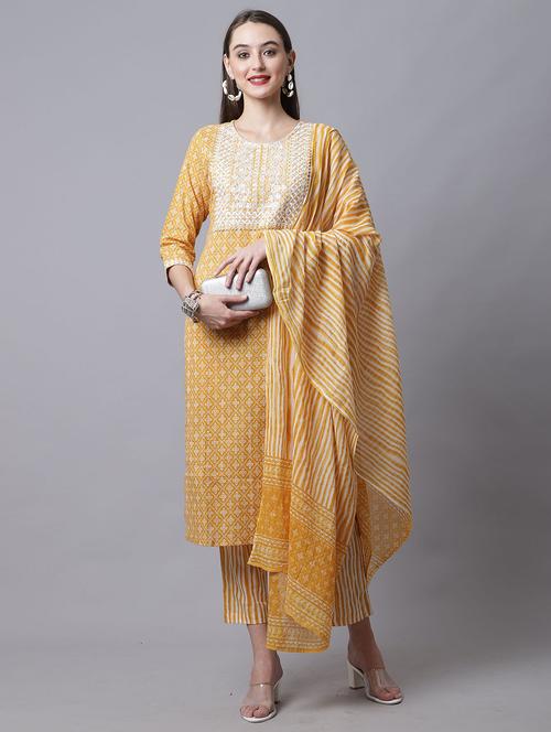 women mustard printed kurta pant set with dupatta - 21558609 -  Standard Image - 0