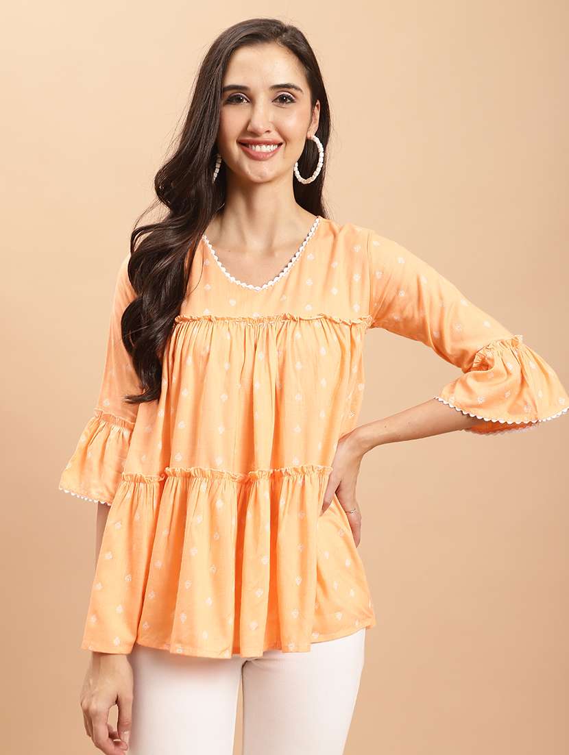 women orange printed bell sleeve tiered top