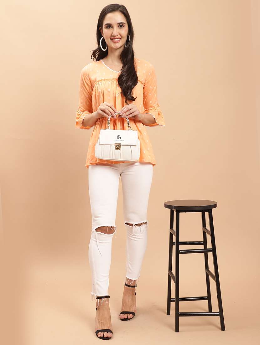 women orange printed bell sleeve tiered top - 21558642 -  Standard Image - 3