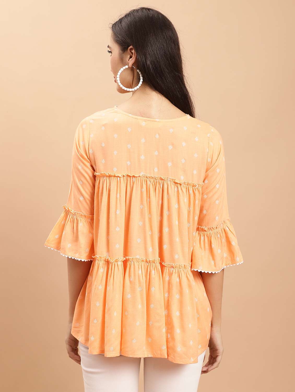 women orange printed bell sleeves tiered top - 21558656 -  Standard Image - 3
