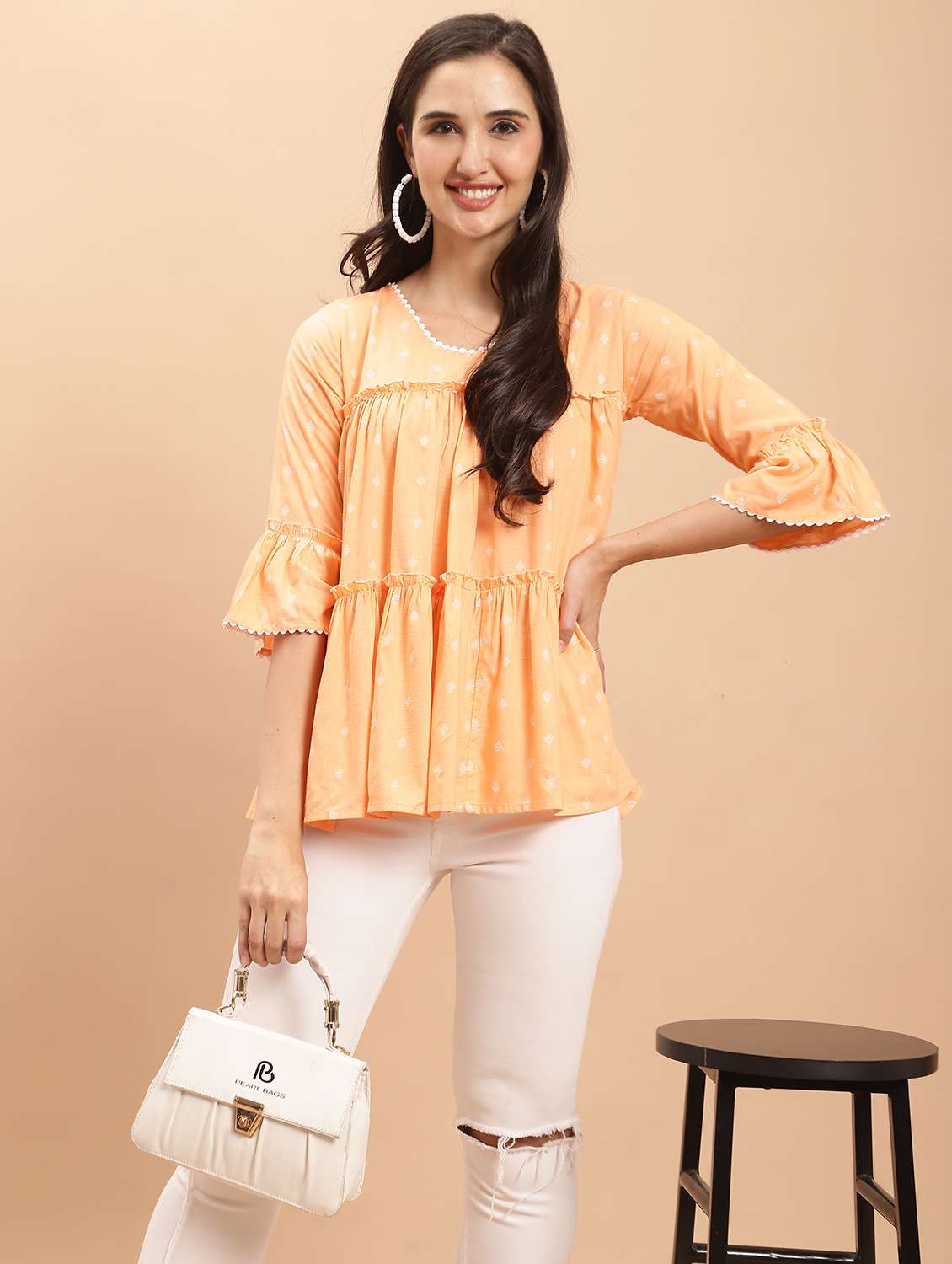 women orange printed bell sleeves tiered top - 21558656 -  Standard Image - 5