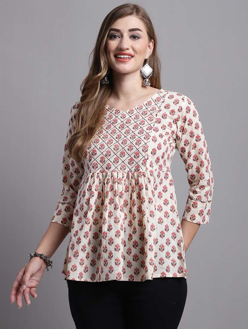 women floral printed round neck flared top