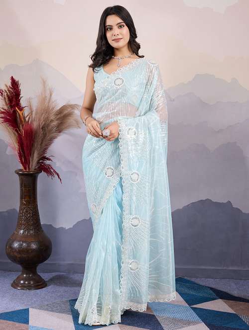 women light blue embroidered saree with blouse - 21559097 -  Standard Image - 0
