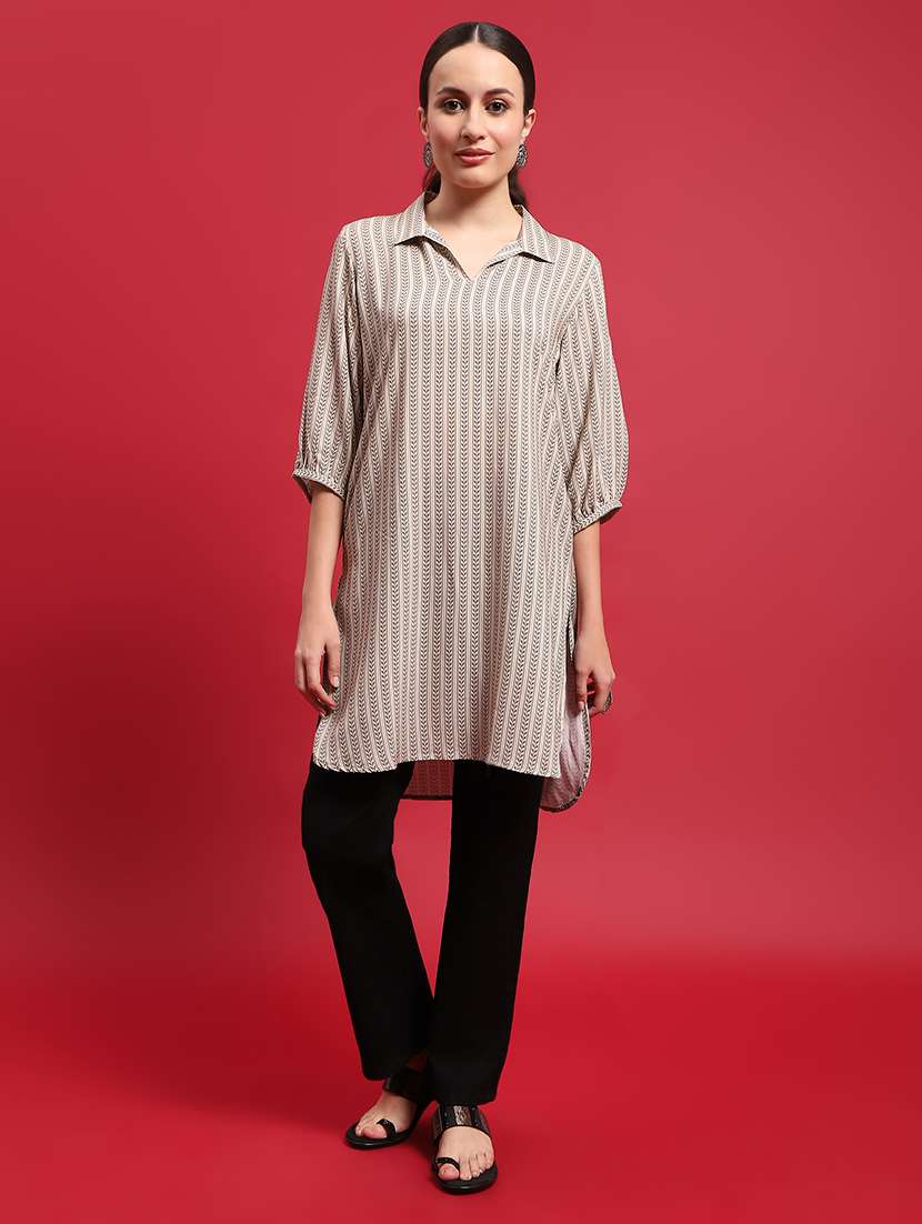 women stripes printed high-low kurta