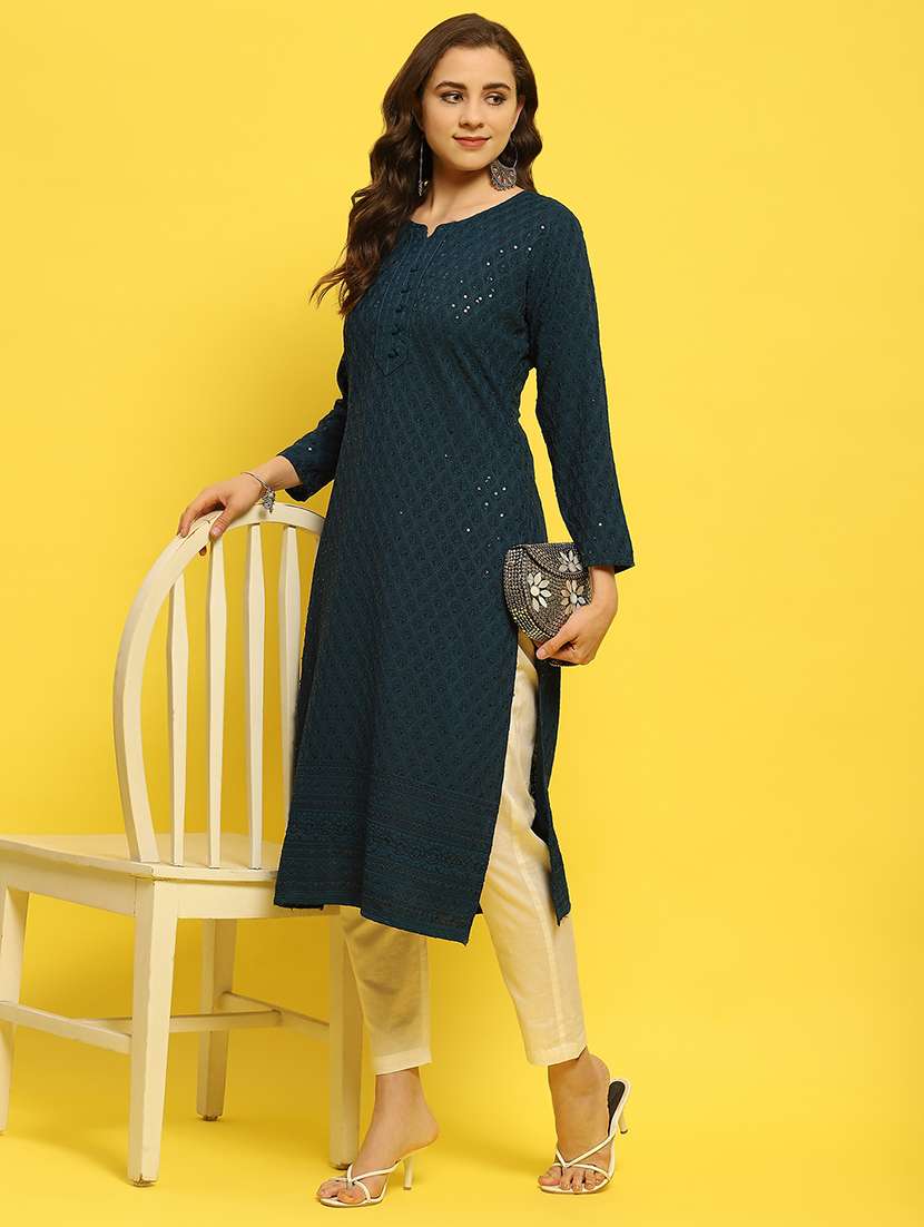 women teal solid with work straight kurta - 21559346 -  Zoom Image - 0