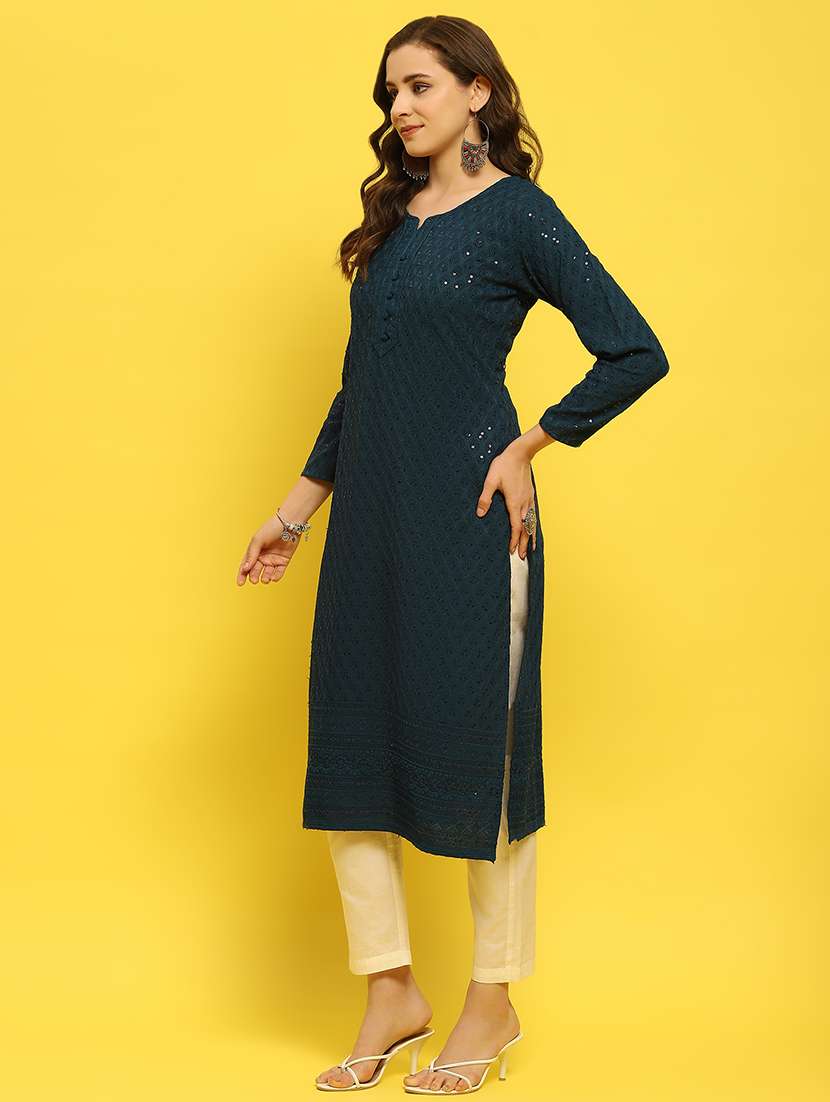 women teal solid with work straight kurta - 21559346 -  Standard Image - 3