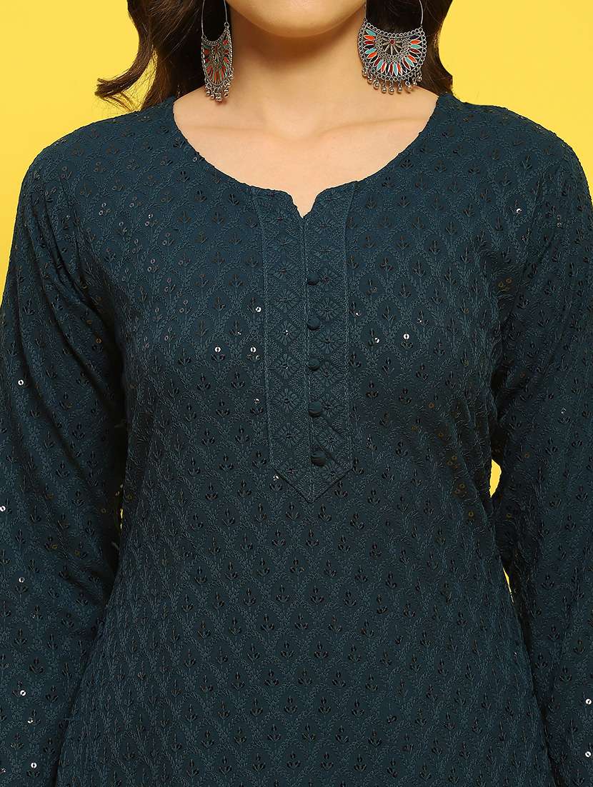 women teal solid with work straight kurta - 21559346 -  Standard Image - 5