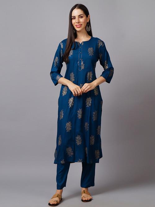women foil printed three quarter sleeves kurta pant set - 21559396 - Standard Image - 0