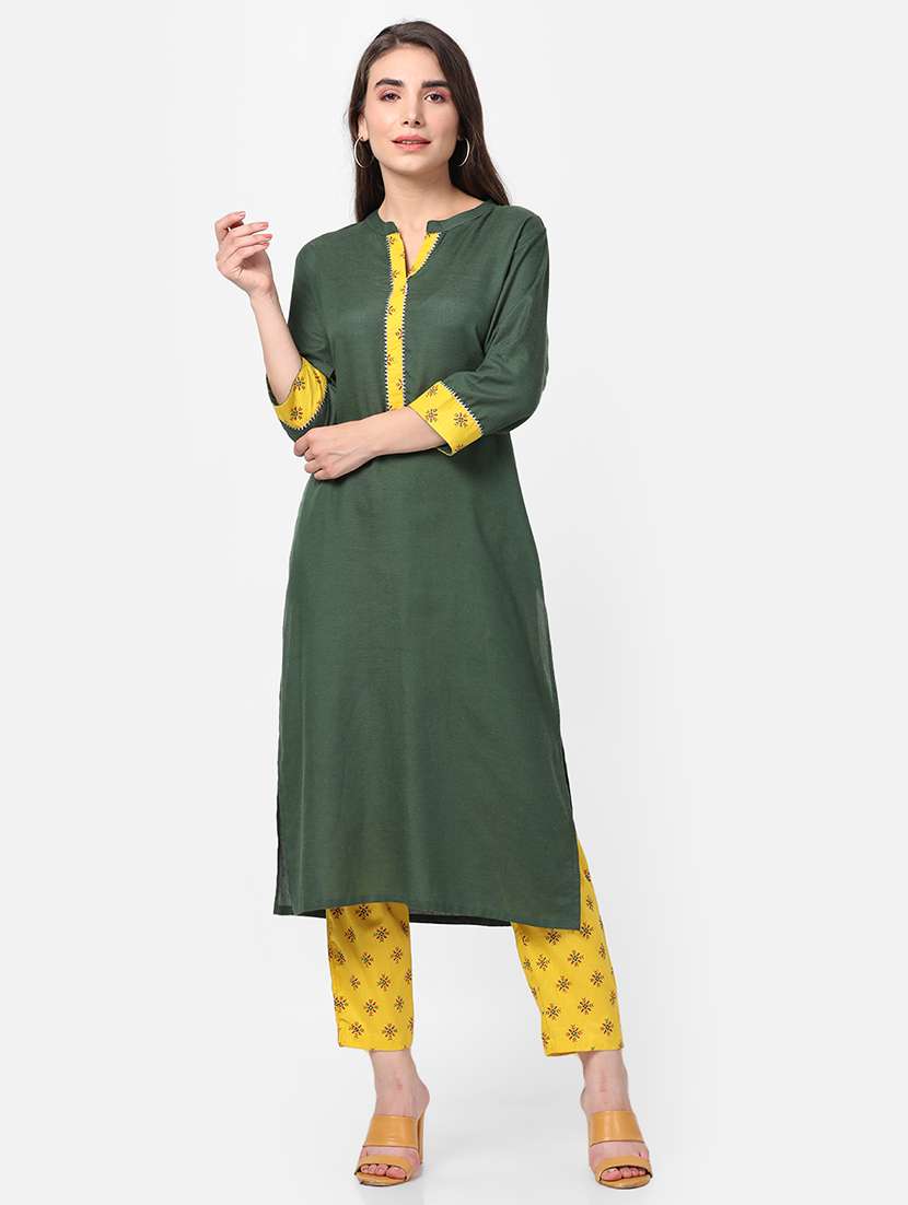 women green solid kurta pant set