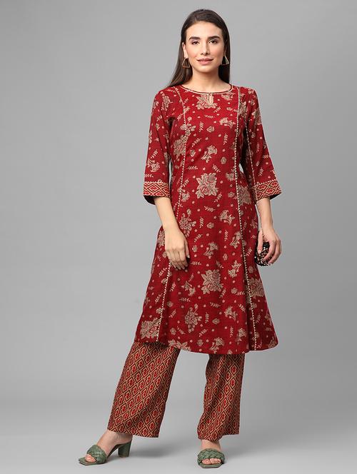 women maroon floral kurta pant set - 21559426 -  Standard Image - 0