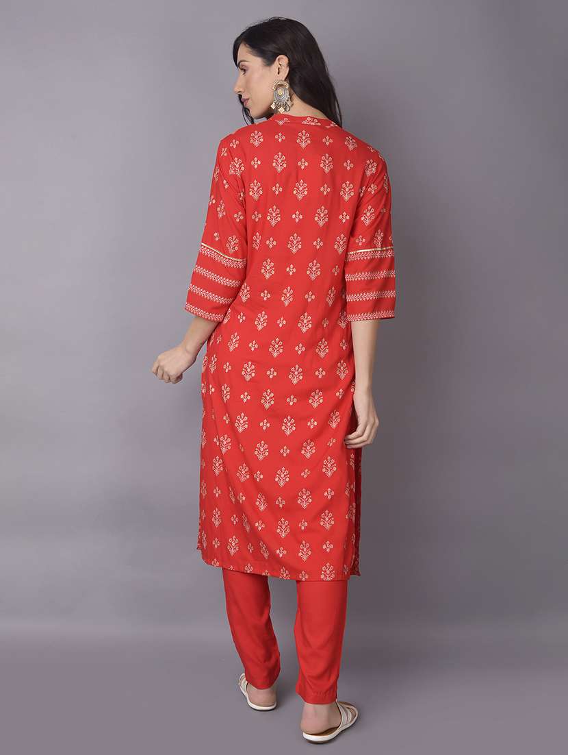 women red foil printed kurta pant set - 21559430 -  Standard Image - 3