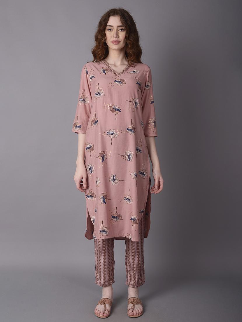 women peach floral printed kurta pant set - 21559436 - Zoom Image - 0