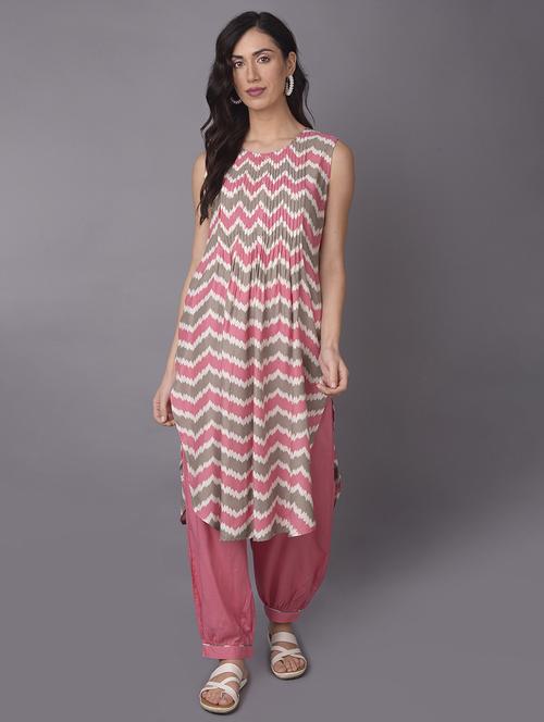 women pink chevron printed kurta salwar set - 21559440 - Standard Image - 0
