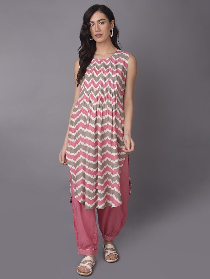 women pink chevron printed kurta salwar set - 21559440 - Zoom Image - 0