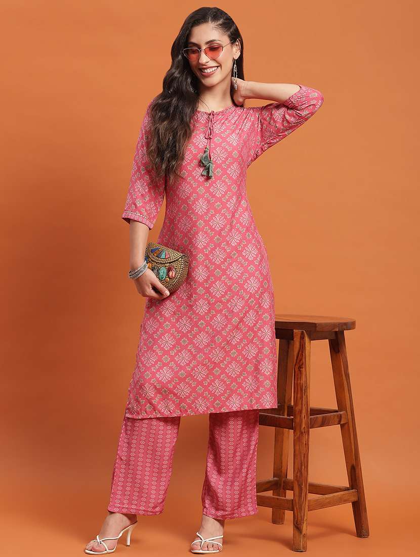 women pink printed tie-up neck kurta pant set - 21559464 -  Zoom Image - 0