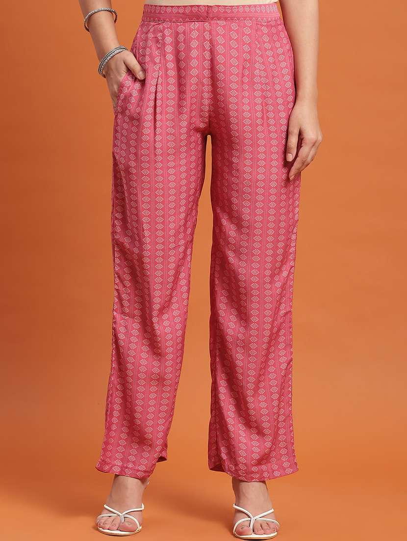 women pink printed tie-up neck kurta pant set - 21559464 -  Standard Image - 5