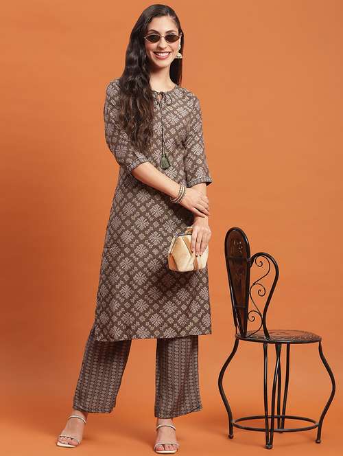 women brown printed tie-up neck kurta pant set - 21559465 -  Standard Image - 0