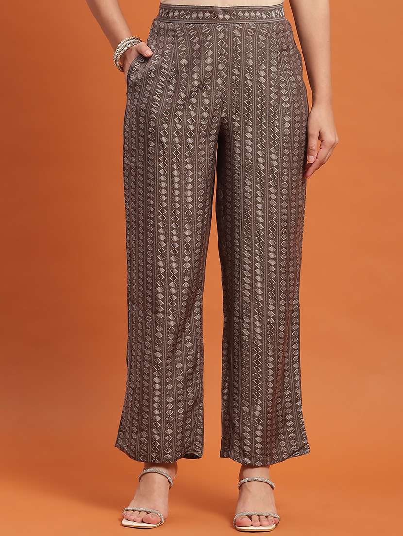 women brown printed tie-up neck kurta pant set - 21559465 -  Standard Image - 5