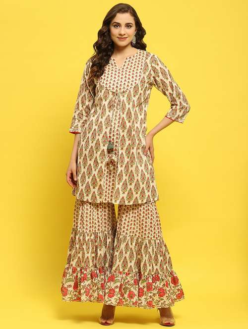 women printed three quarter sleeves kurta sharara set - 21559472 -  Standard Image - 0
